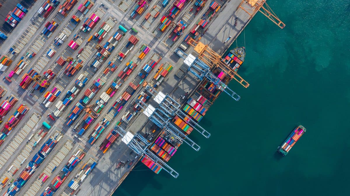 Container ship and cranes at a maritime port